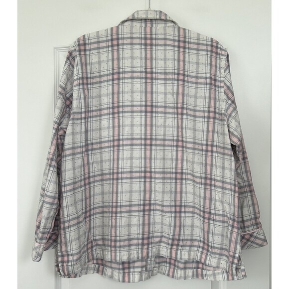 Victorias Secret Pajama Top Flannel Shirt Size L Gray Pink Plaid White Monogram - Picture 6 of 12